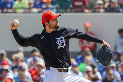 Feb 27, 2024; Lakeland, Florida, USA; Detroit Tigers starting pitcher Casey Mize (12) pitches during the first inning against the Toronto Blue Jays at Publix Field at Joker Marchant Stadium. Mandatory Credit: Mike Watters-USA TODAY Sports