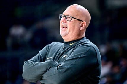 Feb 27, 2024; South Bend, Indiana, USA; Wake Forest Demon Deacons head coach Steve Forbes watches in the first half against the Notre Dame Fighting Irish at the Purcell Pavilion. Mandatory Credit: Matt Cashore-USA TODAY Sports