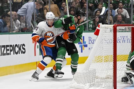Feb 26, 2024; Dallas, Texas, USA; New York Islanders center Casey Cizikas (53) and Dallas Stars center Joe Pavelski (16) in action during the game between the Dallas Stars and the New York Islanders at the American Airlines Center. Mandatory Credit: Jerome Miron-USA TODAY Sports
