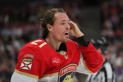 Feb 29, 2024; Sunrise, Florida, USA; Florida Panthers center Nick Cousins (21) looks on against the Montreal Canadiens during the second period at Amerant Bank Arena. Mandatory Credit: Sam Navarro-USA TODAY Sports