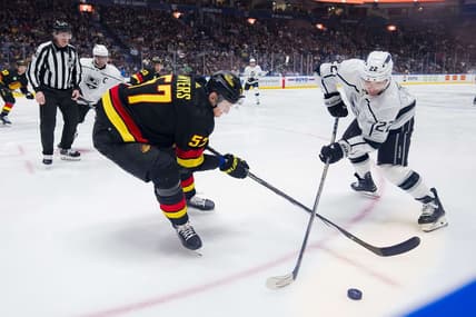 Feb 29, 2024; Vancouver, British Columbia, CAN; Vancouver Canucks defenseman Tyler Myers (57) battles with Los Angeles Kings forward Kevin Fiala (22) in the first period at Rogers Arena. Mandatory Credit: Bob Frid-USA TODAY Sports