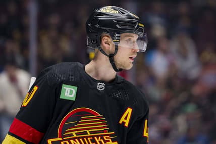 Feb 29, 2024; Vancouver, British Columbia, CAN; Vancouver Canucks forward Elias Pettersson (40) during a stop in play against the Los Angeles Kings in the first period at Rogers Arena. Mandatory Credit: Bob Frid-USA TODAY Sports