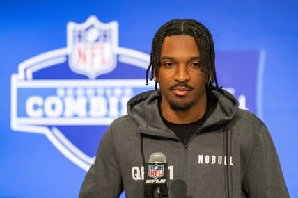 Mar 1, 2024; Indianapolis, IN, USA; Louisiana State quarterback Jayden Daniels (QB01) talks to the media during the 2024 NFL Combine at Lucas Oil Stadium. Mandatory Credit: Trevor Ruszkowski-USA TODAY Sports