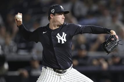 Mar 1, 2024; Tampa, Florida, USA;  New York Yankees starting pitcher Gerrit Cole (45) throws a pitch against the Toronto Blue Jays in the first inning at George M. Steinbrenner Field. Mandatory Credit: Nathan Ray Seebeck-USA TODAY Sports