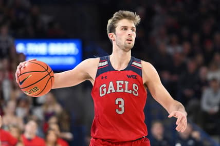 Feb 3, 2024; Spokane, Washington, USA; St. Mary's Gaels guard Augustas Marciulionis (3) controls the ball against the Gonzaga Bulldogs in the second half at McCarthey Athletic Center. Mandatory Credit: James Snook-USA TODAY Sports