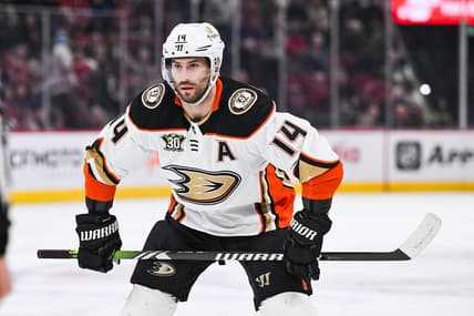Feb 13, 2024; Montreal, Quebec, CAN; Anaheim Ducks center Adam Henrique (14) waits for a face-off against the Montreal Canadiens during the first period at Bell Centre. Mandatory Credit: David Kirouac-USA TODAY Sports