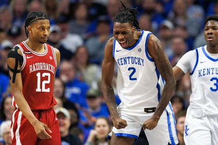 Mar 2, 2024; Lexington, Kentucky, USA; Kentucky Wildcats forward Aaron Bradshaw (2) celebrates after scoring a basket during the first half against the Arkansas Razorbacks at Rupp Arena at Central Bank Center. Mandatory Credit: Jordan Prather-USA TODAY Sports