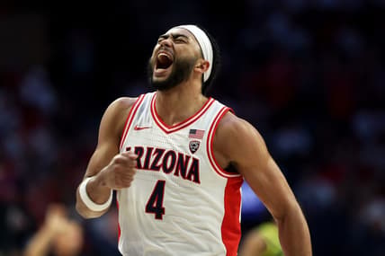 Mar 2, 2024; Tucson, Arizona, USA; Arizona Wildcats guard Kylan Boswell (4) celebrates after a three point basket against the Oregon Ducks during the first half at McKale Center. Mandatory Credit: Zachary BonDurant-USA TODAY Sports
