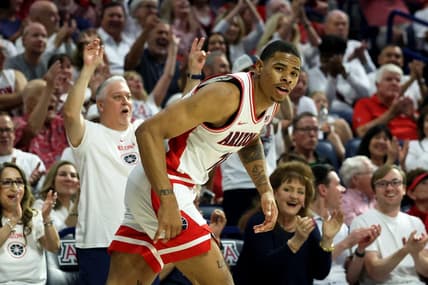 Mar 2, 2024; Tucson, Arizona, USA; Arizona Wildcats forward Keshad Johnson (16) makes a 3-point basket against the Oregon Ducks during the second half at McKale Center. Mandatory Credit: Zachary BonDurant-USA TODAY Sports