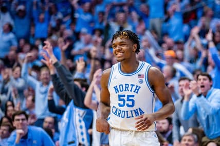 Mar 2, 2024; Chapel Hill, North Carolina, USA; North Carolina Tar Heels forward Harrison Ingram (55) celebrates after a three point basket against the North Carolina State Wolfpack during the second half at Dean E. Smith Center. Mandatory Credit: Scott Kinser-USA TODAY Sports