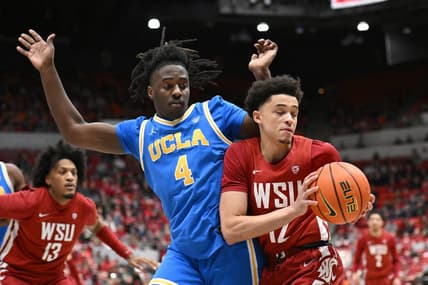 Mar 2, 2024; Pullman, Washington, USA; Washington State Cougars guard Isaiah Watts (12) controls the ball against UCLA Bruins guard Will McClendon (4) in the first half at Friel Court at Beasley Coliseum. Mandatory Credit: James Snook-USA TODAY Sports