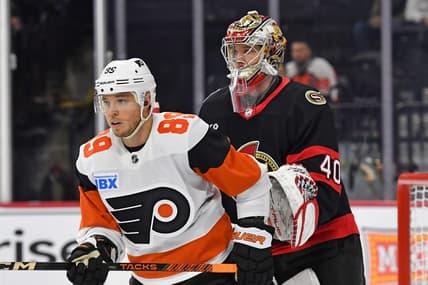 Mar 2, 2024; Philadelphia, Pennsylvania, USA; Philadelphia Flyers right wing Cam Atkinson (89) in front of Ottawa Senators goaltender Mads Sogaard (40) during the first period at Wells Fargo Center. Mandatory Credit: Eric Hartline-USA TODAY Sports