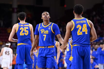 Mar 2, 2024; Chestnut Hill, Massachusetts, USA; Pittsburgh Panthers guard Carlton Carrington (7) and forward William Jeffress (24) react to game action during the second half against the Boston College Eagles at Conte Forum. Mandatory Credit: Eric Canha-USA TODAY Sports