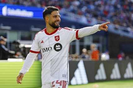 Mar 3, 2024; Foxborough, Foxborough, USA; Toronto FC forward Lorenzo Insigne (24) celebrates after scoring a goal against the New England Revolution during the first half at Gillette Stadium. Mandatory Credit: Winslow Townson-USA TODAY Sports