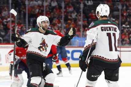 Mar 3, 2024; Washington, District of Columbia, USA; Arizona Coyotes left wing Jason Zucker (16) celebrates with Coyotes right wing Dylan Guenther (11) after scoring a goal against the Washington Capitals in the second period at Capital One Arena. Mandatory Credit: Geoff Burke-USA TODAY Sports
