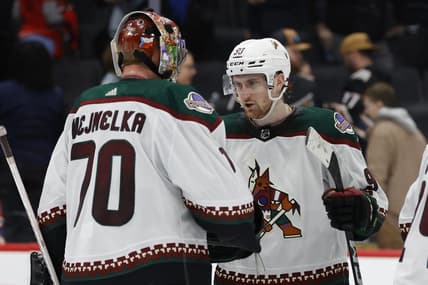 Mar 3, 2024; Washington, District of Columbia, USA; Arizona Coyotes goaltender Karel Vejmelka (70) celebrates with Coyotes defenseman J.J. Moser (90) after their game against the Washington Capitals at Capital One Arena. Mandatory Credit: Geoff Burke-USA TODAY Sports