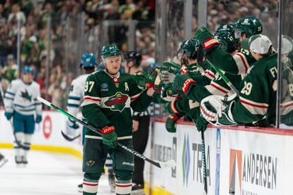 Mar 3, 2024; Saint Paul, Minnesota, USA; Minnesota Wild left wing Kirill Kaprizov (97) celebrates his second goal of the game against the San Jose Sharks in the third period at Xcel Energy Center. Mandatory Credit: Matt Blewett-USA TODAY Sports
