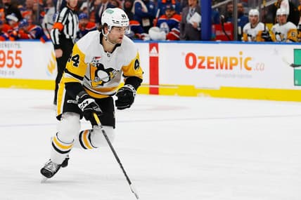Mar 3, 2024; Edmonton, Alberta, CAN; Pittsburgh Penguins forward Jonathan Gruden (44) follows the play against the Edmonton Oilers at Rogers Place. Mandatory Credit: Perry Nelson-USA TODAY Sports