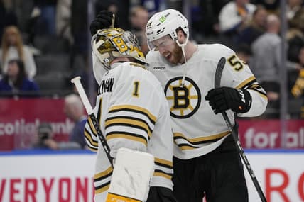Mar 4, 2024; Toronto, Ontario, CAN; Boston Bruins goaltender Jeremy Swayman (1) and forward Justin Brazeau (55) celebrate a win over the Toronto Maple Leafs at Scotiabank Arena. Mandatory Credit: John E. Sokolowski-USA TODAY Sports