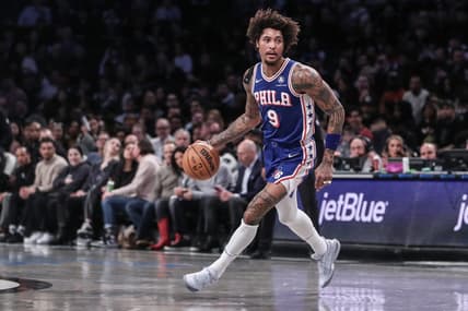 Mar 5, 2024; Brooklyn, New York, USA;  Philadelphia 76ers guard Kelly Oubre Jr. (9) brings the ball up court in the second quarter against the Brooklyn Nets at Barclays Center. Mandatory Credit: Wendell Cruz-USA TODAY Sports