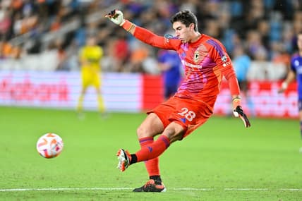 Columbus Crew goalkeeper Patrick Schulte (28) clears the balll during the second half against Houston Dynamo FC at Shell Energy Stadium. Mandatory Credit: Maria Lysaker-USA TODAY Sports