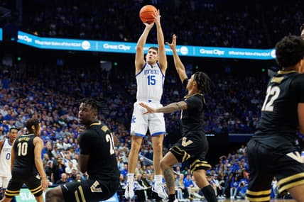 Mar 6, 2024; Lexington, Kentucky, USA; Kentucky Wildcats guard Reed Sheppard (15) shoots the ball during the second half against the Vanderbilt Commodores at Rupp Arena at Central Bank Center. Mandatory Credit: Jordan Prather-USA TODAY Sports