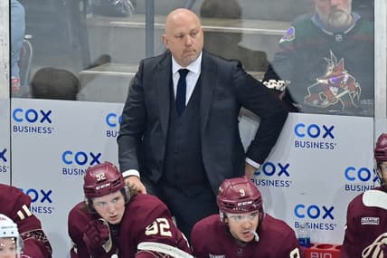 Mar 7, 2024; Tempe, Arizona, USA; Arizona Coyotes head coach Andre Tourigny looks on in the first period against the Minnesota Wild at Mullett Arena. Mandatory Credit: Matt Kartozian-USA TODAY Sports