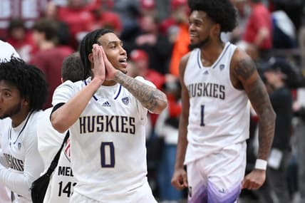 Mar 7, 2024; Pullman, Washington, USA; Washington Huskies guard Koren Johnson (0) celebrates after a game against the Washington State Cougars at Friel Court at Beasley Coliseum. Washington Huskies won 74-68. Mandatory Credit: James Snook-USA TODAY Sports