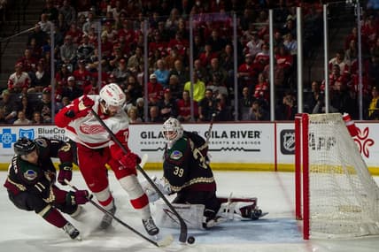 Mar 8, 2024; Tempe, Arizona, USA; Detroit Red Wings forward is unable to score against Arizona Coyotes forward Dylan Guenther (11) and goalie Connor Ingram (39) in the first period at Mullett Arena. Mandatory Credit: Allan Henry-USA TODAY Sports