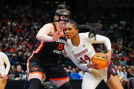 Mar 8, 2024; Las Vegas, NV, USA; Stanford Cardinal forward Kiki Iriafen (44) drives the lane against Oregon State Beavers forward Raegan Beers (15) during the fourth quarter at MGM Grand Garden Arena. Mandatory Credit: Stephen R. Sylvanie-USA TODAY Sports