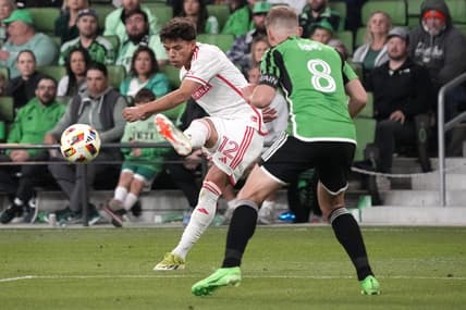 Mar 9, 2024; Austin, Texas, USA; St. Louis CITY SC midfielder Celio Pompeu (12) plays the ball against Austin FC midfielder Alex Ring (8) during the second half at Q2 Stadium. Mandatory Credit: Scott Wachter-USA TODAY Sports