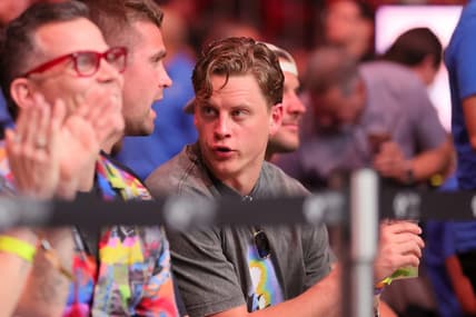 Mar 9, 2024; Miami, Florida, USA; Cincinnati Bengals quarterback Joe Burrow watches the fight between Jack Della Maddalena and Gilbert Burns during UFC 299 at Kayesa Center. Mandatory Credit: Sam Navarro-USA TODAY Sports