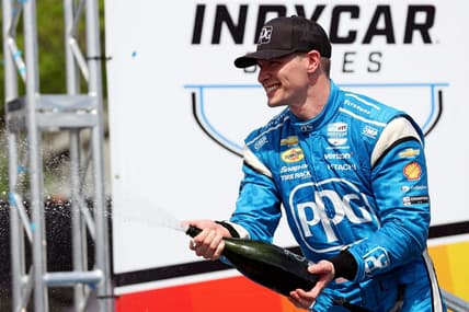 Mar 10, 2024; St. Petersburg, Florida, USA; Indycar driver Josef Newgarden (2) celebrates winning the Grand Prix of St. Petersburg. Mandatory Credit: Peter Casey-USA TODAY Sports