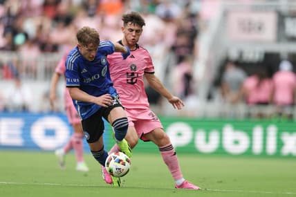 Mar 10, 2024; Fort Lauderdale, Florida, USA; CF Montreal midfielder Bryce Duke (10) dribbles away from Inter Miami CF defender Noah Allen (32) during the first half at Chase Stadium. Mandatory Credit: Nathan Ray Seebeck-USA TODAY Sports