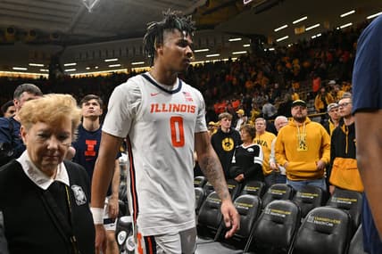 Mar 10, 2024; Iowa City, Iowa, USA; Illinois Fighting Illini guard Terrence Shannon Jr. (0) walks off the court after the game against the Iowa Hawkeyes at Carver-Hawkeye Arena. Mandatory Credit: Jeffrey Becker-USA TODAY Sports