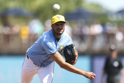 Mar 11, 2024; Port Charlotte, Florida, USA;  Tampa Bay Rays starting pitcher Zach Eflin (24) throws a pitch against the Toronto Blue Jays in the third inning at Charlotte Sports Park. Mandatory Credit: Nathan Ray Seebeck-USA TODAY Sports