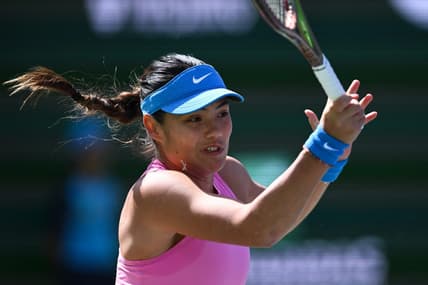 Mar 11, 2024; Indian Wells, CA, USA; Emma Raducanu (GBR) hits a shot in her third round match against Aryna Sabalenka during the BNP Paribas Open at Indian Wells Tennis Garden. Mandatory Credit: Jonathan Hui-USA TODAY Sports