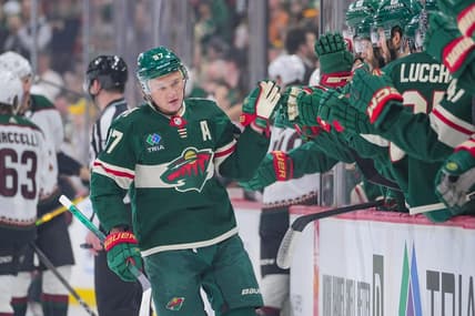 Mar 12, 2024; Saint Paul, Minnesota, USA;  Minnesota Wild left wing Kirill Kaprizov (97) celebrates his goal against the Arizona Coyotes in the first period at Xcel Energy Center. Mandatory Credit: Brad Rempel-USA TODAY Sports