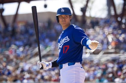Mar 13, 2024; Phoenix, Arizona, USA; Los Angeles Dodgers designated hitter Shohei Ohtani against the Seattle Mariners during a spring training game at Camelback Ranch-Glendale. Mandatory Credit: Mark J. Rebilas-USA TODAY Sports