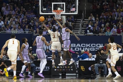 Mar 13, 2024; Kansas City, MO, USA; Texas Longhorns guard Max Abmas (3) shoots the ball while defended by Kansas State Wildcats guard Cam Carter (5) during the first half at T-Mobile Center. Mandatory Credit: Amy Kontras-USA TODAY Sports
