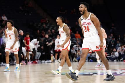 Mar 13, 2024; Minneapolis, MN, USA; Maryland Terrapins forward Donta Scott (24) celebrates his shot against the Rutgers Scarlet Knights during the first half at Target Center. Mandatory Credit: Matt Krohn-USA TODAY Sports