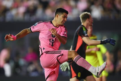 Mar 13, 2024; Fort Lauderdale, FL, USA; Inter Miami CF forward Luis Suarez (9) reacts against Nashville SC during the second half at Chase Stadium. Mandatory Credit: Sam Navarro-USA TODAY Sports