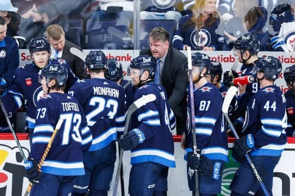 Mar 13, 2024; Winnipeg, Manitoba, CAN; Winnipeg Jets assistant coach Brad Lauer discusses strategy against the Nashville Predators during the third period at Canada Life Centre. Mandatory Credit: Terrence Lee-USA TODAY Sports