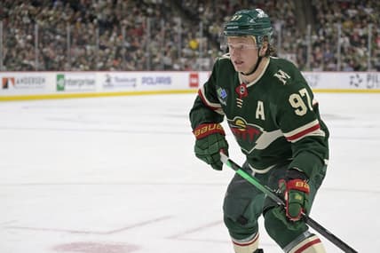 Mar 14, 2024; Saint Paul, Minnesota, USA; Minnesota Wild forward Kirill Kaprizov (97) follows the play against the Anaheim Ducks during the second period at Xcel Energy Center. Mandatory Credit: Nick Wosika-USA TODAY Sports