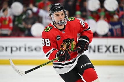Mar 15, 2024; Chicago, Illinois, USA; Chicago Blackhawks forward Connor Bedard (98) warms up before a game against the Los Angeles Kings at United Center. Mandatory Credit: Jamie Sabau-USA TODAY Sports