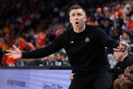 Mar 15, 2024; Minneapolis, MN, USA; Ohio State Buckeyes head coach Jake Diebler reacts to a call on the court during the second half against the Illinois Fighting Illini at Target Center. Mandatory Credit: Matt Krohn-USA TODAY Sports