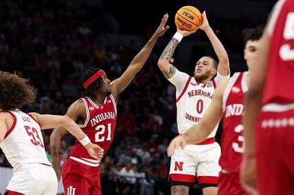 Mar 15, 2024; Minneapolis, MN, USA; Nebraska Cornhuskers guard C.J. Wilcher (0) shoots as Indiana Hoosiers forward Mackenzie Mgbako (21) defends during the first half at Target Center. Mandatory Credit: Matt Krohn-USA TODAY Sports