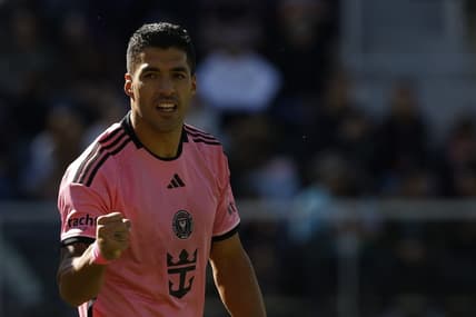 Mar 16, 2024; Washington, District of Columbia, USA; Inter Miami CF forward Luis Suarez (9) celebrates scoring a goal against D.C. United during the second half at Audi Field. Mandatory Credit: Geoff Burke-USA TODAY Sports