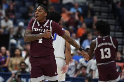 Mar 16, 2024; Nashville, TN, USA; Texas A&M Aggies guard Wade Taylor IV (4) celebrates after a basket during the first half against the Florida Gators at Bridgestone Arena. Mandatory Credit: Christopher Hanewinckel-USA TODAY Sports