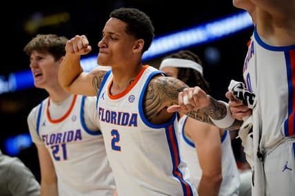 Florida guard Riley Kugel (2) reacts as an basket is scored against Texas A&M during the second half of a SEC tournament semifinal game at Bridgestone Arena in Nashville, Tenn., Saturday, March 16, 2024.